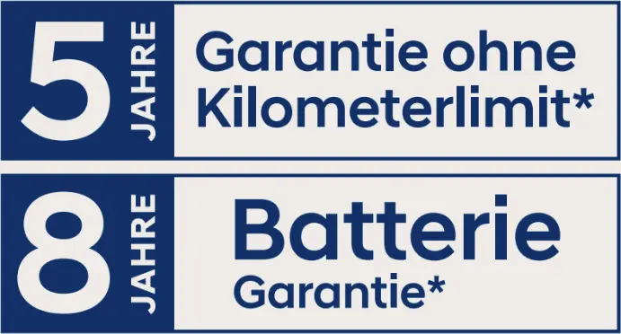 5 Jahre Garantie ohne Kilometerlimit / 8 Jahre Batterie Garantie